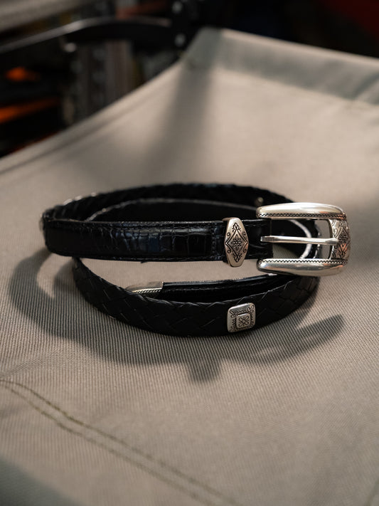 2000s "BRIGHTON" 97003 Floral Scroll Engravings Croco Braided Leather Belt