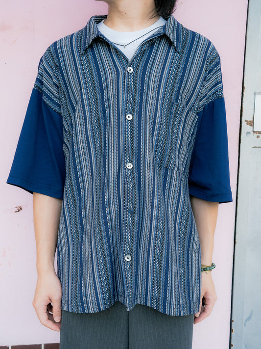 1990s "STEELHEAD" Geometric Knit Panel Short Sleeve Shirt