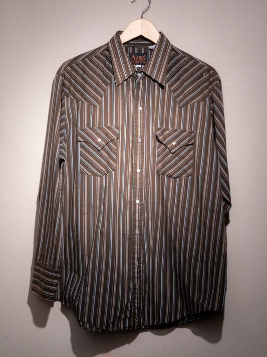 1980-90s "PLAINS" Western Dobby Stripe Pearl Snap Long Sleeve Shirt
