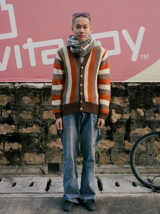 1960-70s Striped Heavy Knit Button Up Cardigan