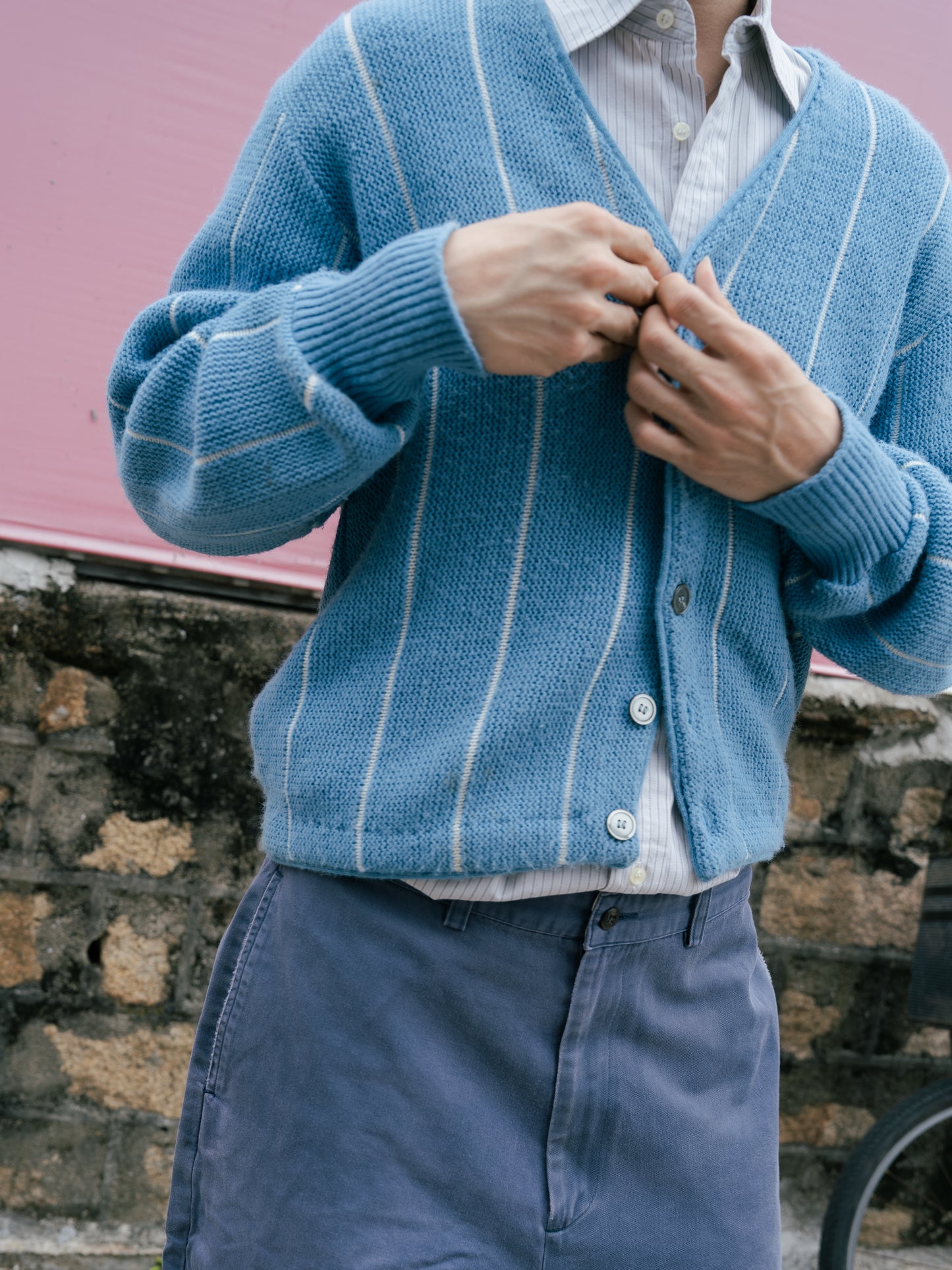 1960-70s Striped Heavy Knit Button Up Cardigan