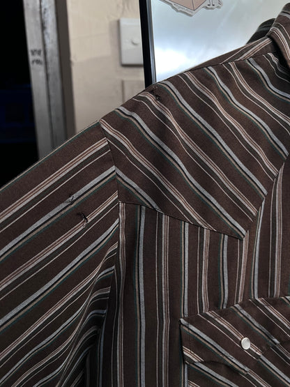 1980-90 年代“PLAINS”西部多臂條紋珍珠按扣長袖襯衫