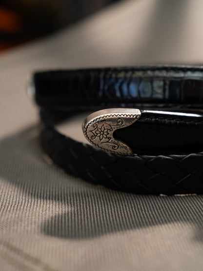 2000s "BRIGHTON" 97003 Floral Scroll Engravings Croco Braided Leather Belt