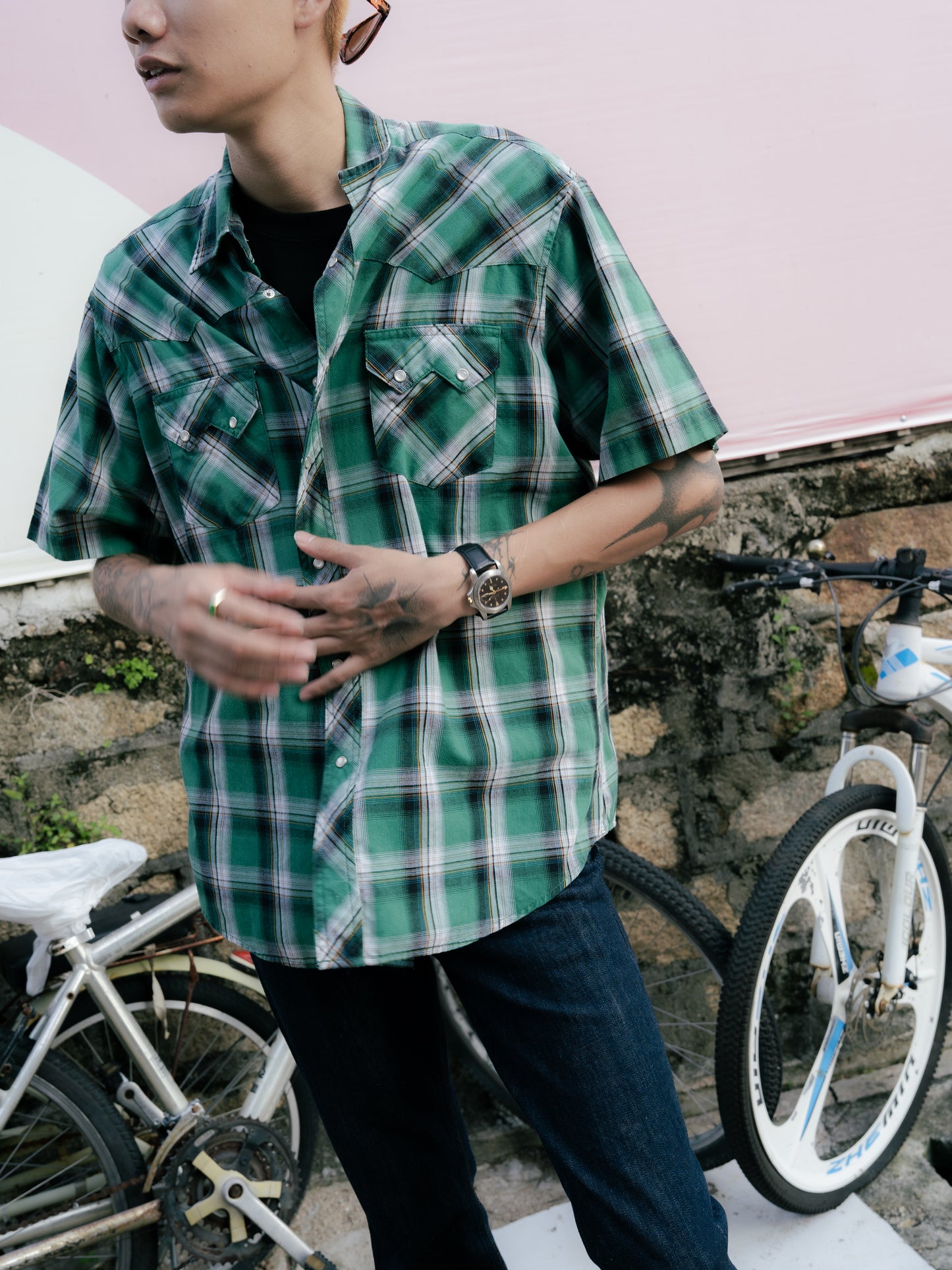 "Wrangler" Plaid Pearl Snap Short Sleeve Shirt
