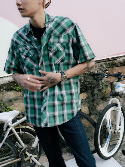 「Wrangler」格子珍珠按扣短袖襯衫