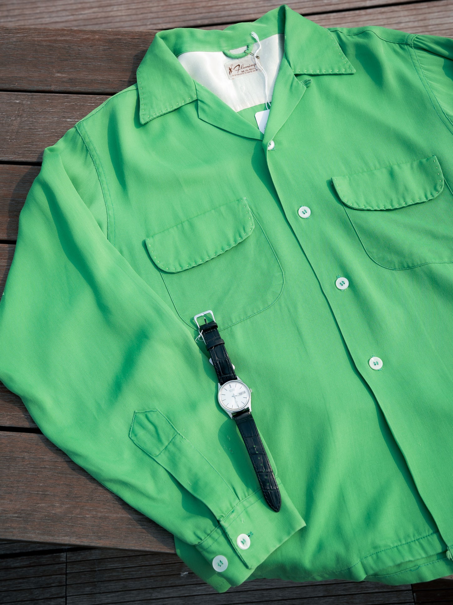 1950s "FLAMINGO SPORTSWEAR" Rayon Gabardine Loop Collar Shirt