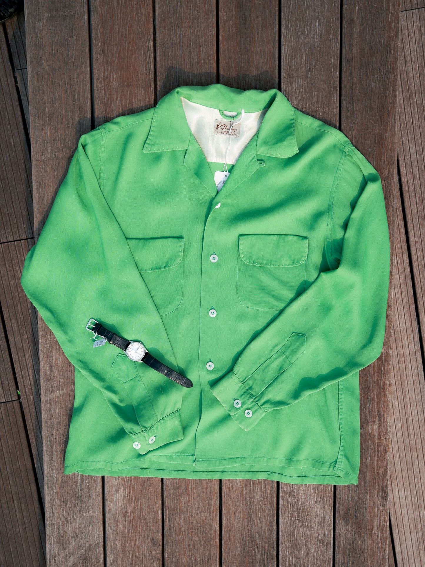 1950s "FLAMINGO SPORTSWEAR" Rayon Gabardine Loop Collar Shirt