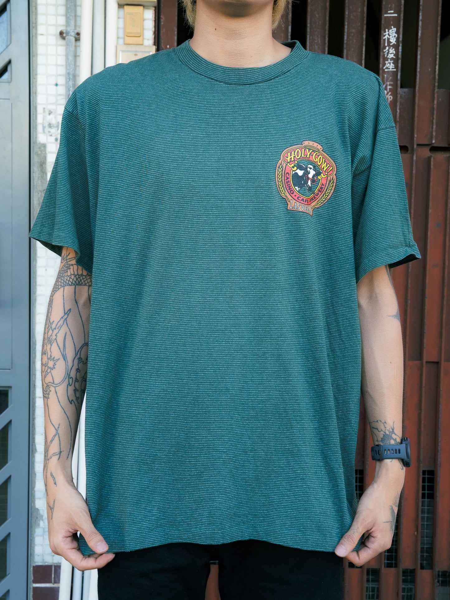 1990s "TENNESSEE RIVER GOLD" Holy Cow Las Vegas Striped Tee
