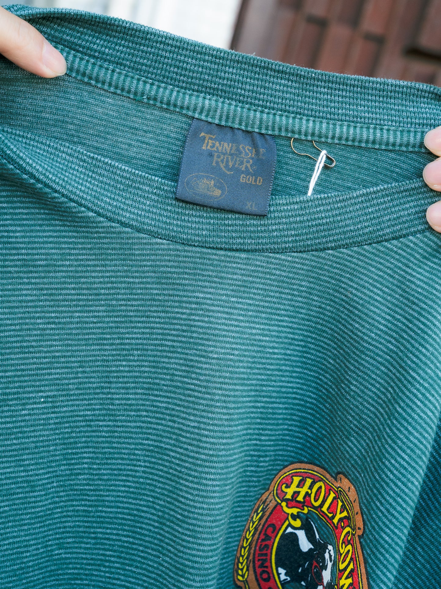 1990s "TENNESSEE RIVER GOLD" Holy Cow Las Vegas Striped Tee