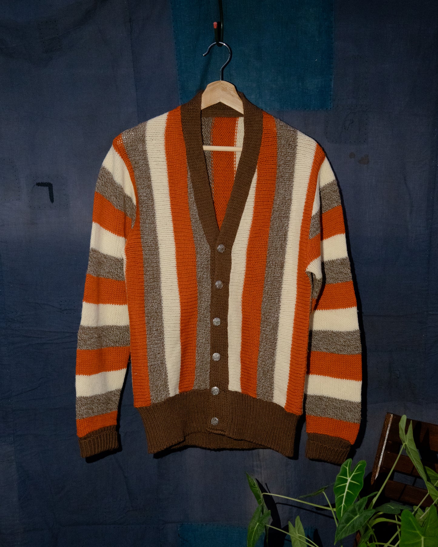 1960-70s Striped Heavy Knit Button Up Cardigan