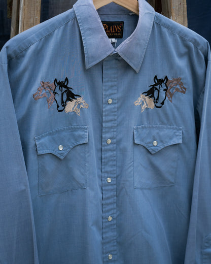 1980-90s "PLAINS" Horse Western Pearl Snap Long Sleeve Shirt