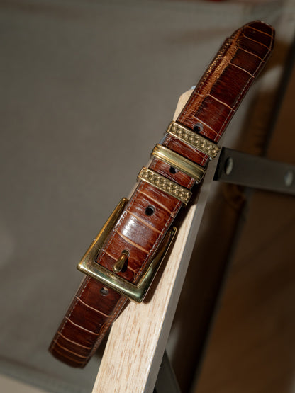 1990s "BRIGHTON" Classics 40068 Triple Gold Keepers Croc-Embossed Leather Belt