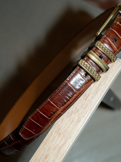 1990s "BRIGHTON" Classics 40068 Triple Gold Keepers Croc-Embossed Leather Belt