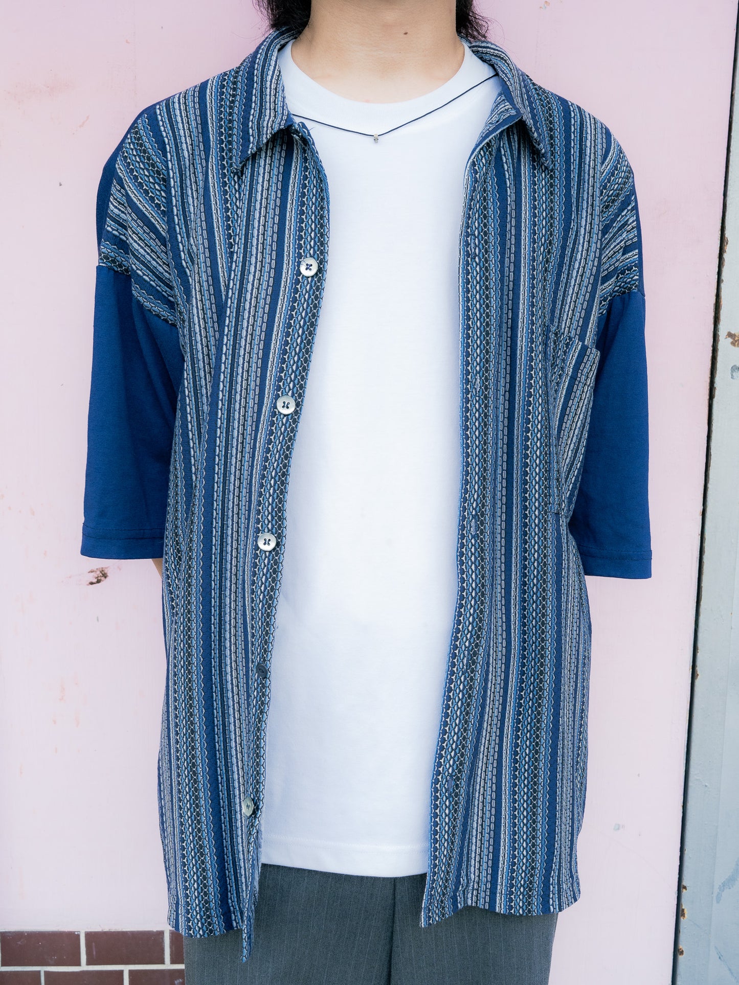 1990S "STEELHEAD" Geometric Knit Panel Short Sleeve Shirt