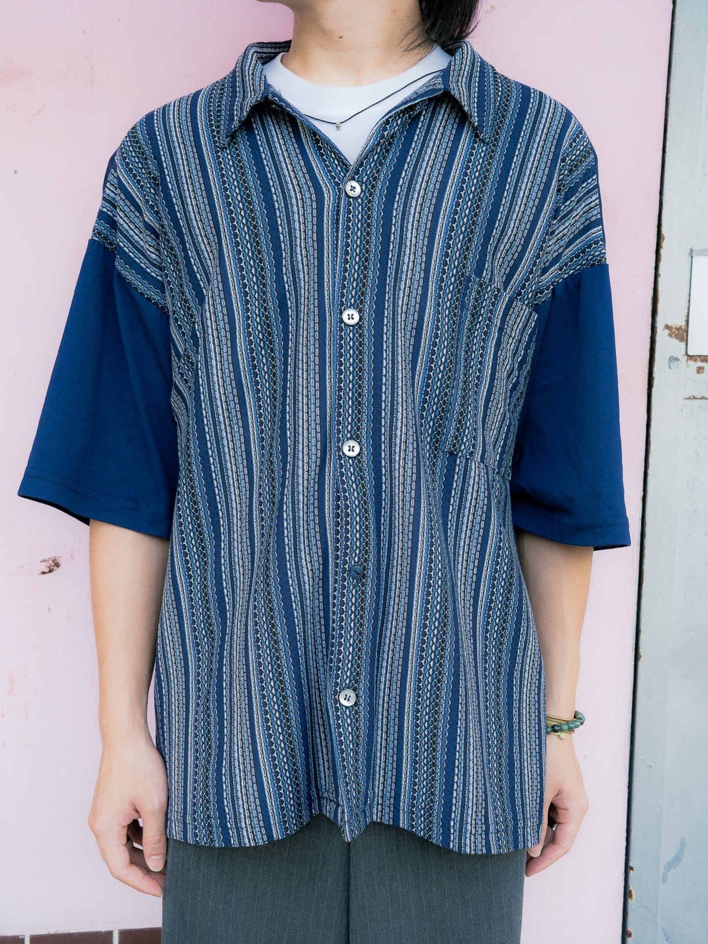 1990S "STEELHEAD" Geometric Knit Panel Short Sleeve Shirt