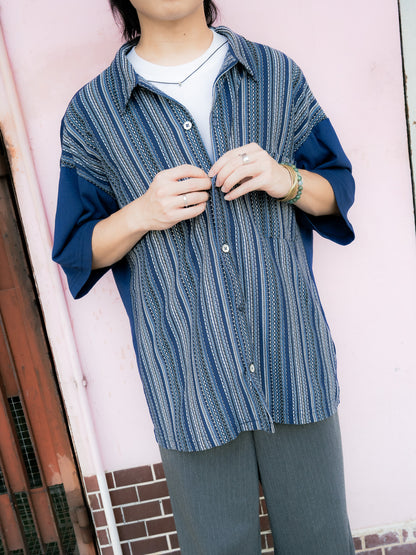 1990S "STEELHEAD" Geometric Knit Panel Short Sleeve Shirt