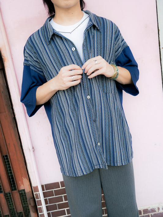 1990s "STEELHEAD" Geometric Knit Panel Short Sleeve Shirt