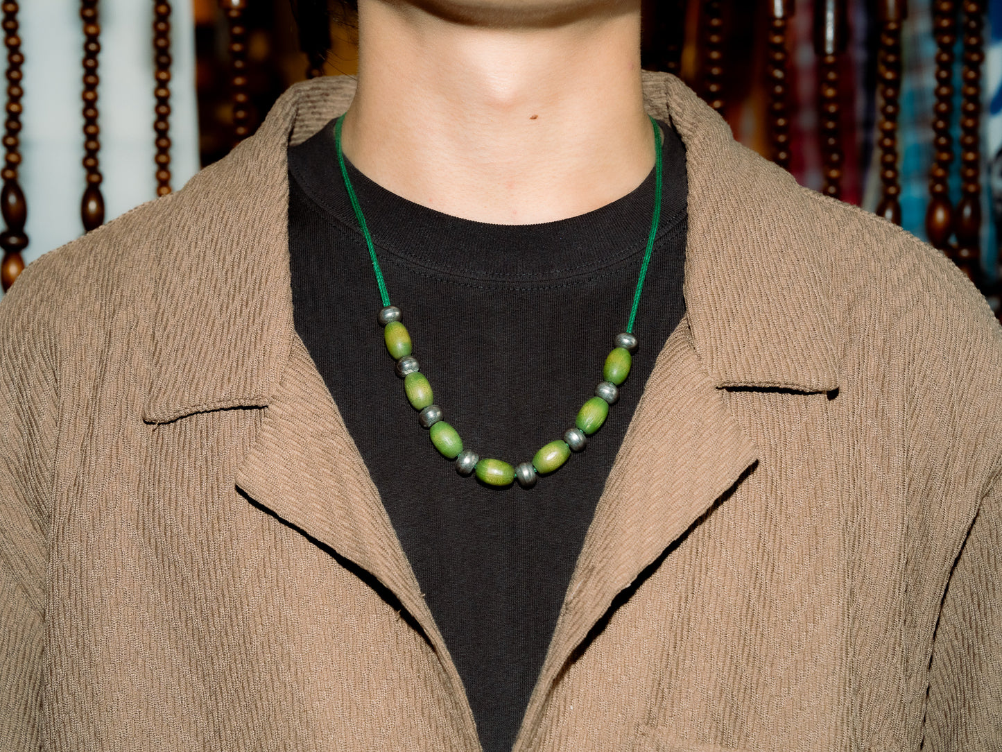 Green Wood & Metal Rope Necklace