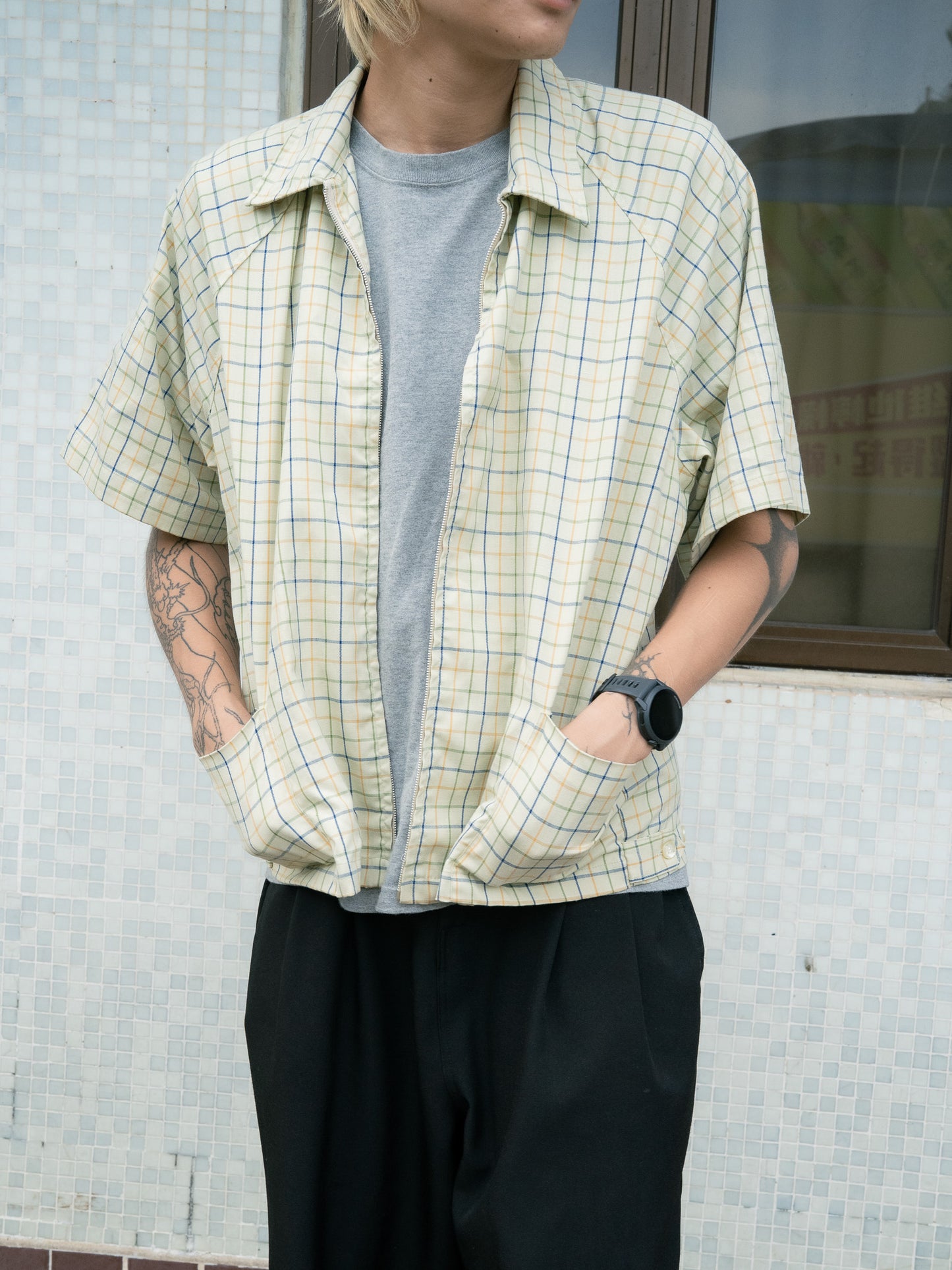 1970s "JANTZEN" Plaid Raglan Zip-Up Shirt Jacket - Cropped Sleeves