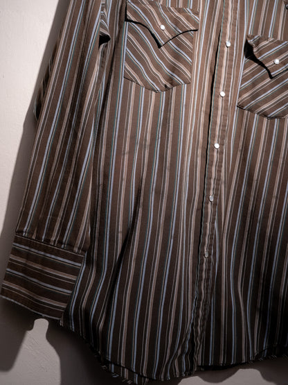 1980-90 年代“PLAINS”西部多臂條紋珍珠按扣長袖襯衫