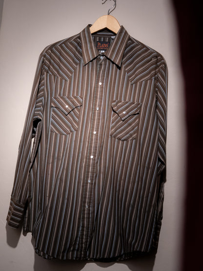 1980-90 年代“PLAINS”西部多臂條紋珍珠按扣長袖襯衫