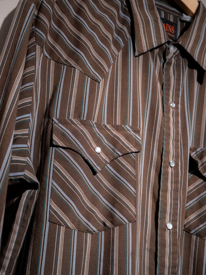 1980-90 年代“PLAINS”西部多臂條紋珍珠按扣長袖襯衫