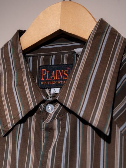 1980-90 年代“PLAINS”西部多臂條紋珍珠按扣長袖襯衫