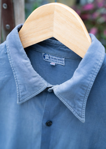 1940s French "CHEMISERIES FRANCAISES" Indigo Work Short Sleeve Shirt