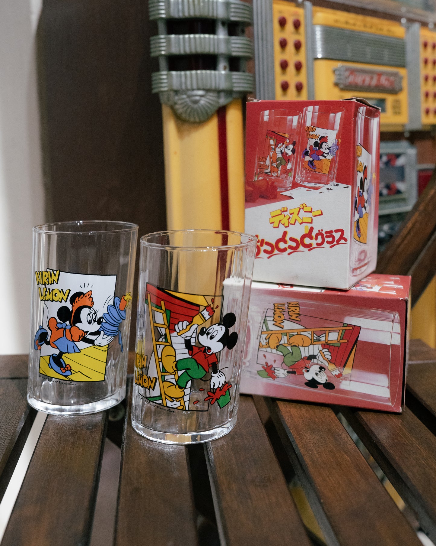 ~1980s KIRIN LEMON x DISNEY Asymmetrical Glass Cup with box
