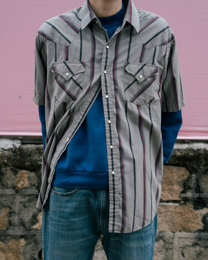 1990 年代“PLAINS Western Wear”條紋珍珠按扣春夏襯衫