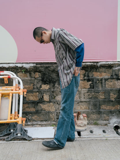 1990 年代“PLAINS Western Wear”條紋珍珠按扣春夏襯衫