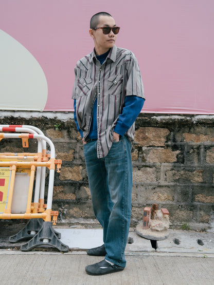 1990 年代“PLAINS Western Wear”條紋珍珠按扣春夏襯衫