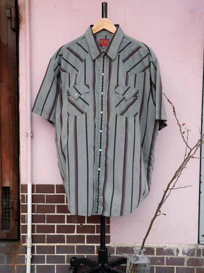 1990 年代“PLAINS Western Wear”條紋珍珠按扣春夏襯衫