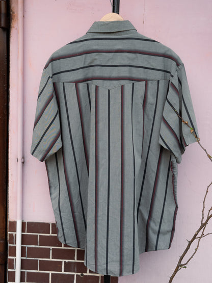 1990 年代“PLAINS Western Wear”條紋珍珠按扣春夏襯衫