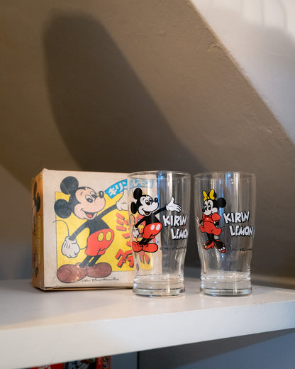 1980s KIRIN LEMON x DISNEY Mickey & Minnie Glass Tumbler Box Set
