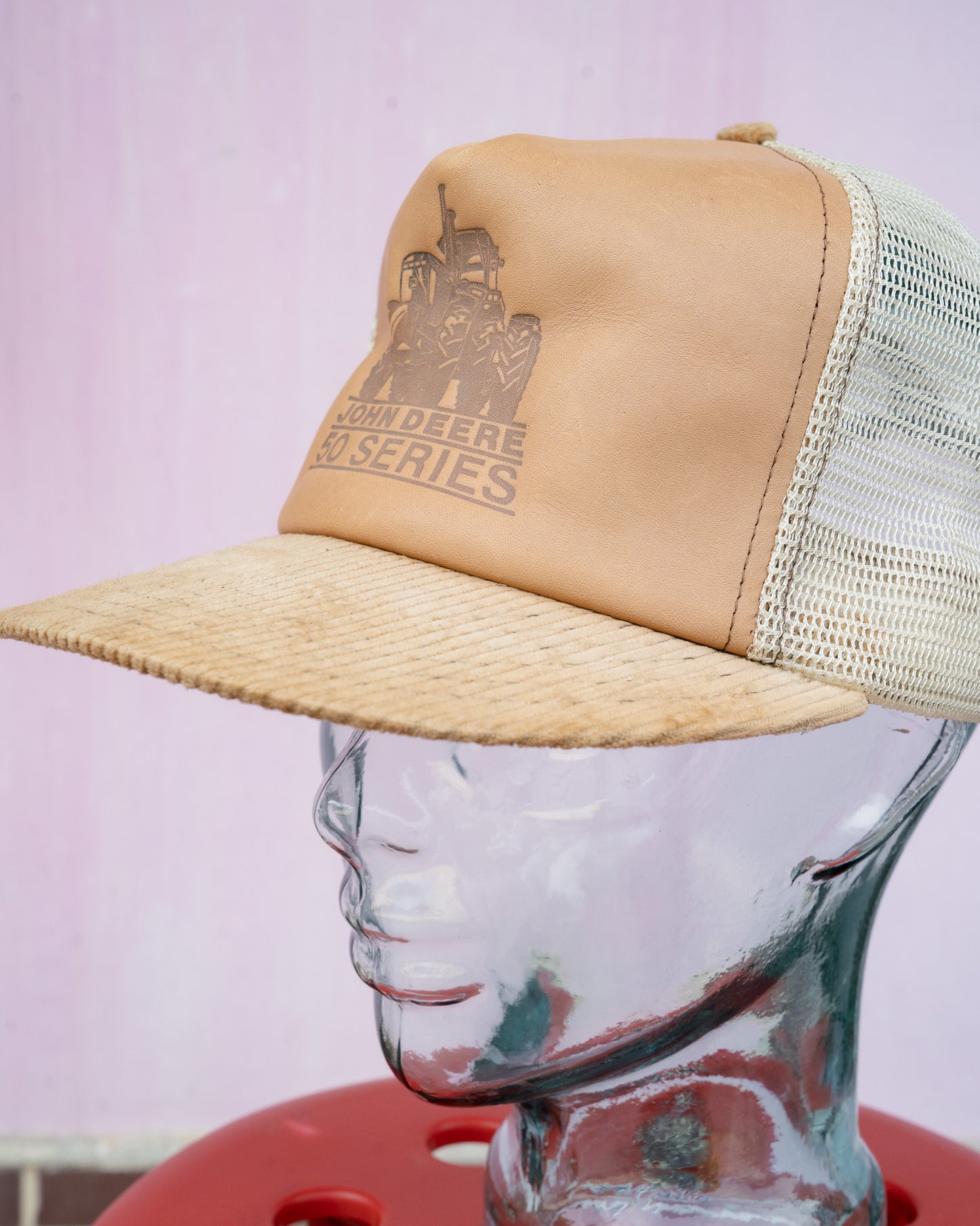 1980s "JOHN DEERE" 50 Series Leather Corduroy Mix Trucker Hat