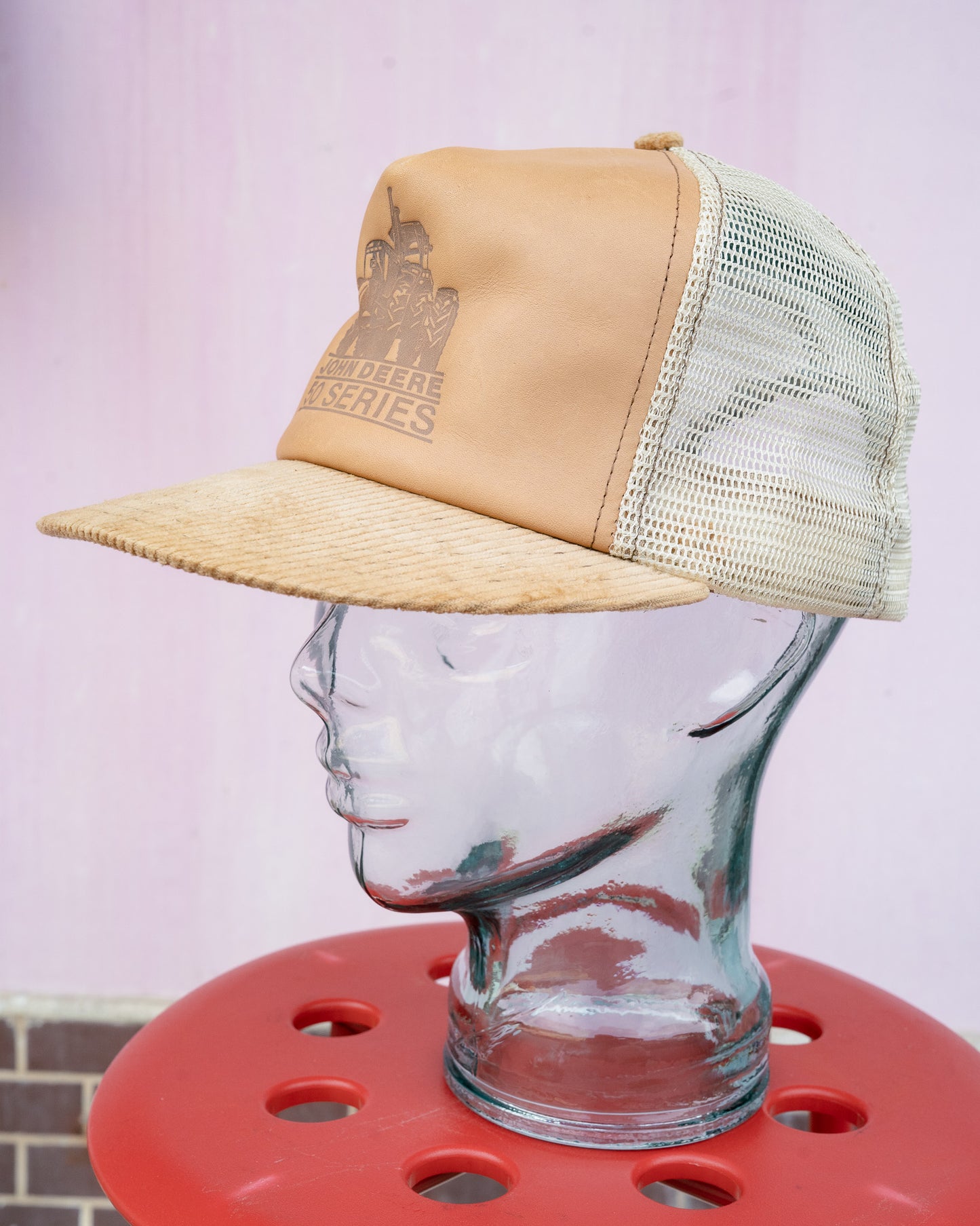 1980s "JOHN DEERE" 50 Series Leather Corduroy Mix Trucker Hat