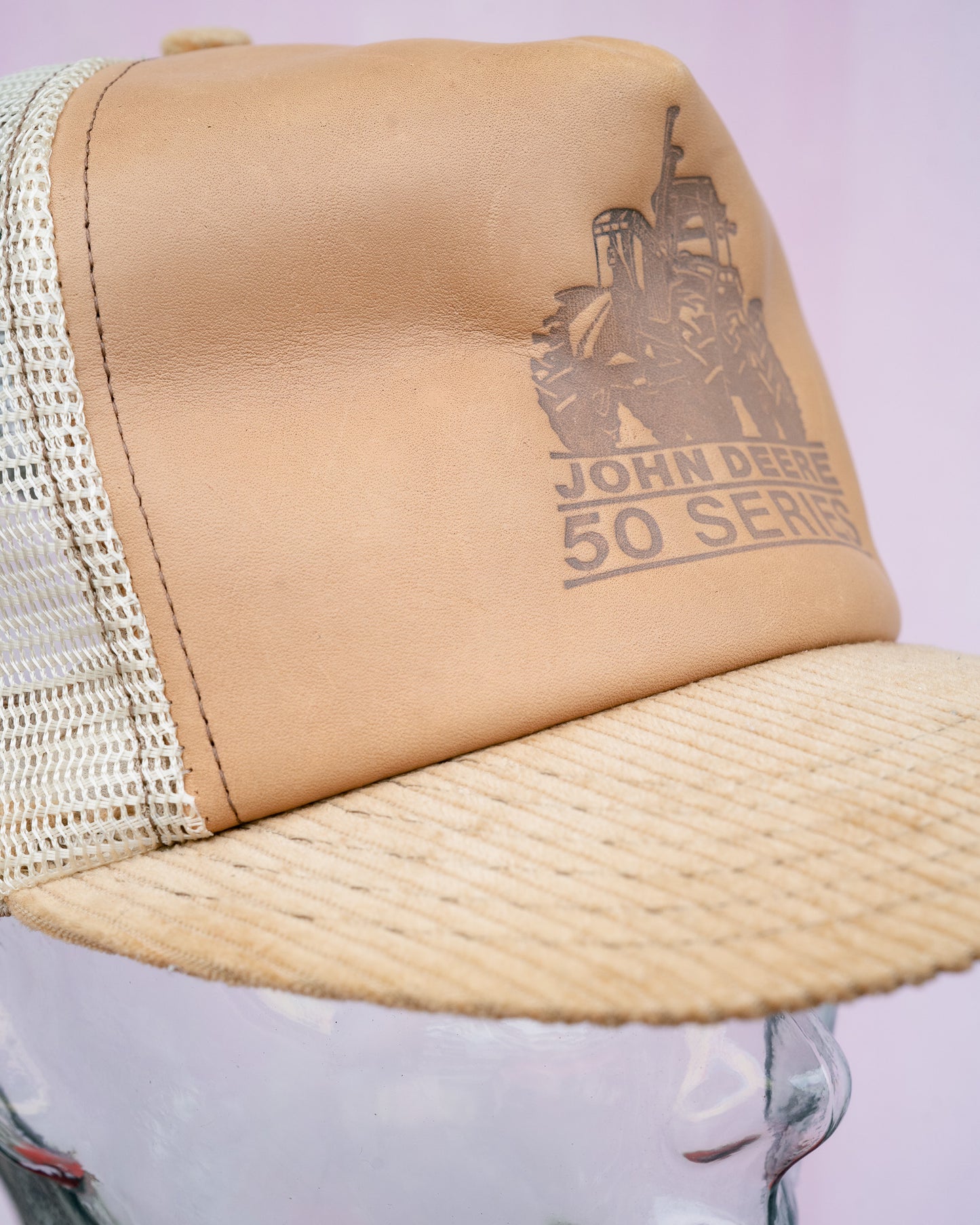 1980s "JOHN DEERE" 50 Series Leather Corduroy Mix Trucker Hat