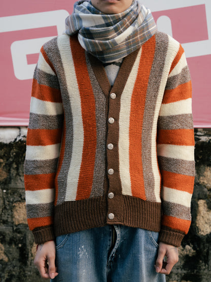1960-70s Striped Heavy Knit Button Up Cardigan